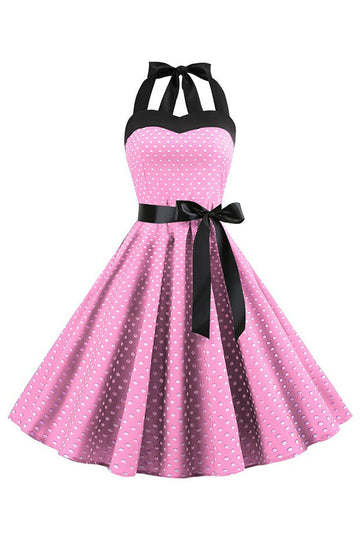 Rosa Polka Dots Halter vestido dos anos 1950 com Bowknot